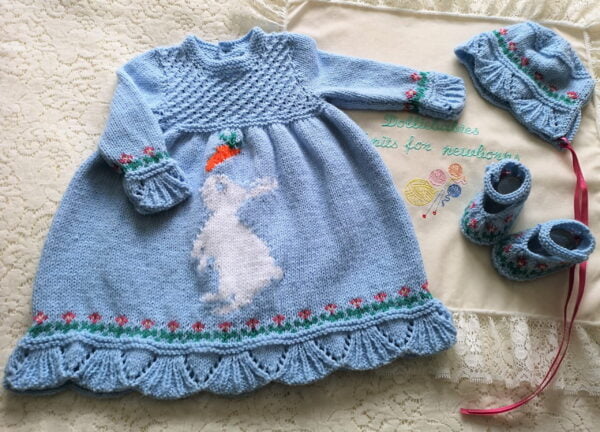 Baby dress knitting pattern with an Easter theme