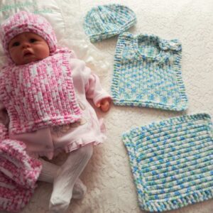 Baby bib, beanie hat and comforter knitting pattern especially for yummy or flutterby yarn