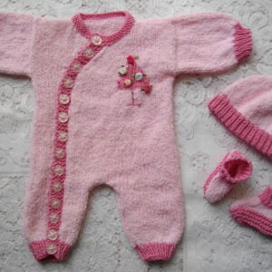 Knitting pattern for a newborn baby girls side buttoning romper suit