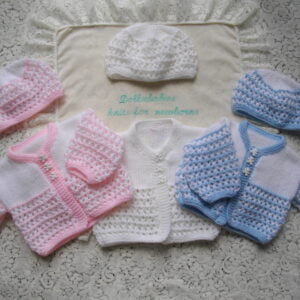 Unisex baby or reborn cardigan and beanie hat with lace pattern knitting pattern