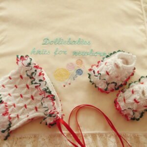 Knitting pattern for a baby or reborn girls smocked bonnet and shoes using knitting in lace
